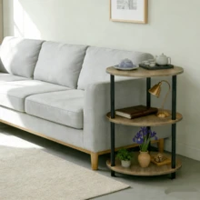 Mini mesa auxiliar redonda, mesa de madera de tres niveles, se puede utilizar como mesa de café, mesa auxiliar de sofá y mesita de noche, 33,5 x 33,5 cm - Gris - Ver 8