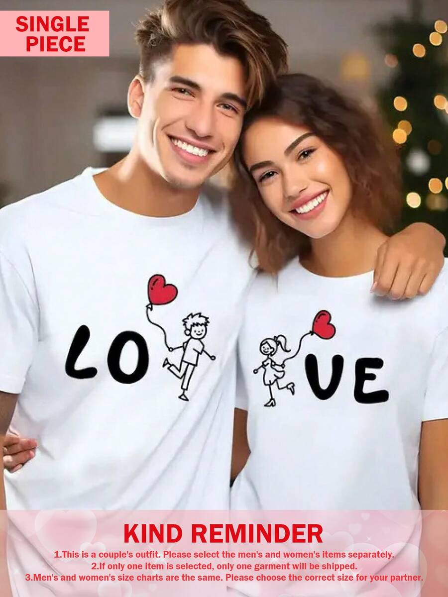 1 Pc Only Men's Couple T-Shirts - White Love Graphic Tees With Bold LOVE Lettering - Valentine's Day Gifts, Anniversary Couples Outfitsd Fit - 女士 - 查看 1