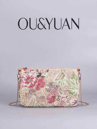 Ny damväska med paljettbroderi och blommig axelrem, lätt axelväska med presentkort, graciös väska med blommönster för resor, fester, dejting, mode, fritid, vardag och semester (slumpmässig mönsterskärning)