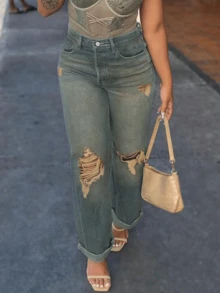 Women's Casual Loose Straight Leg Jeans, Paired With Distressed Decorations, Suitable For All Seasons, Suitable For Daily Outings, Shopping, Parties, Dates - Màu xanh cổ điển - Xem 10