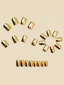24pcs Electroplated Gothic Style False Nails, Removable Minimalist Gold Color Fake Nails For Women - Gold - View 4