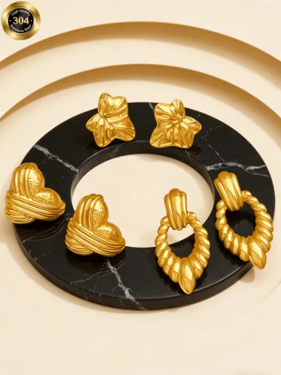 Gold Stainless Steel Star-Shaped Earrings For Women. Unique Texture Heart-Shaped Stud Earrings With A Luxurious And Sophisticated Feel. Stainless Steel Earrings. Stainless Steel Jewelry. Women's Accessories. For The Best Female Friend.