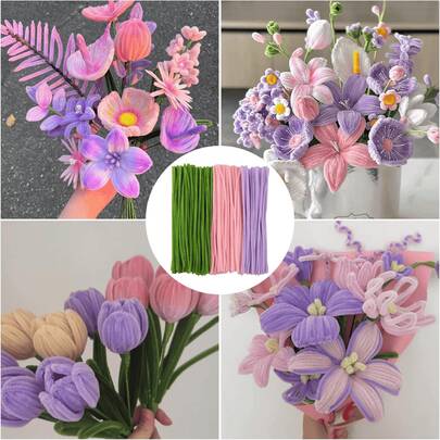 双色绒球棒套装（包含2个彩色绒球+1卷胶带）| 花卉花束工艺套装，适用于艺术创作、手工制作、装饰，非常适合制作动物、花卉和节日装饰品