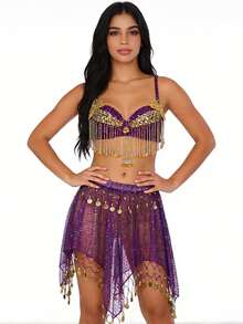 Desert Nights Fringe & Coin-Adorned Bra Top & Mesh Skirt, Exotic Sparkly Outfit For Moonlit Festivals, Arabian Themed Events And Magical Performances (Multiple Colors Available) - Multicolor - View 14