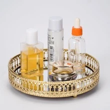 1 pieza Bandeja de tocador con espejo dorado, organizador decorativo de metal para almacenamiento de joyas, apto para tocador, dormitorio, decoración del hogar, velas, mesa de centro - Multicolor - Ver 2