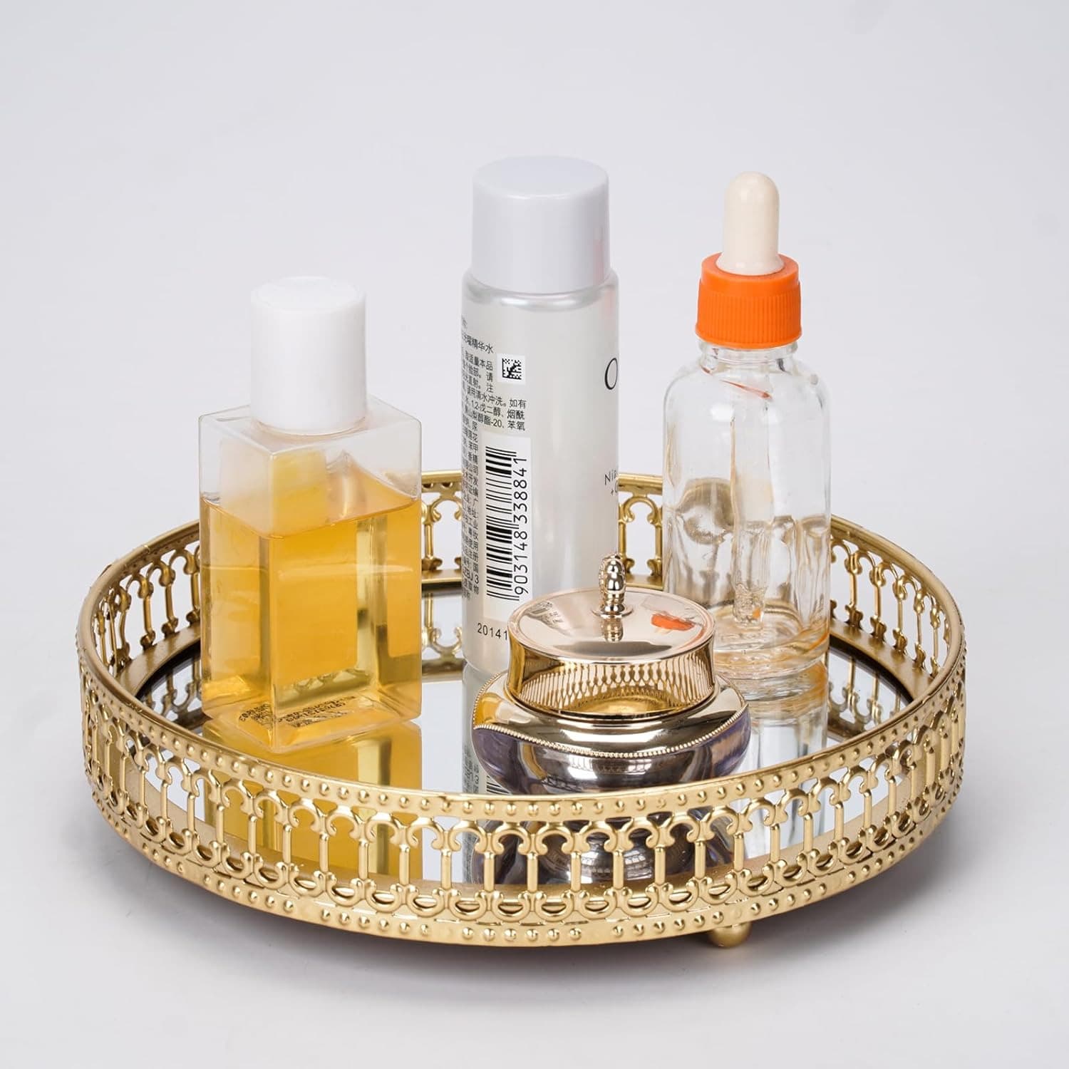 1 pieza Bandeja de tocador con espejo dorado, organizador decorativo de metal para almacenamiento de joyas, apto para tocador, dormitorio, decoración del hogar, velas, mesa de centro