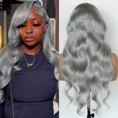 银灰色波浪卷发假发，女士真人发透明蕾丝假发，预先拔毛的巴西原生发假发，无胶婴儿发，13x4蕾丝前额假发，自然发际线，优雅大方，适合女性日常和派对佩戴。