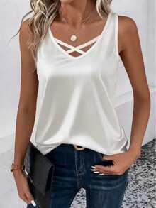 女士丝滑白色吊带背心，交叉V领无袖上衣，夏季款 - 白色 - 查看 8