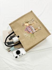 骆驼与棕榈树印花帆布手提袋，内含可重复使用的骆驼图案化妆包，充满节日氛围的温馨家居装饰，印有祝福语，伊斯兰礼物，开斋节礼物，斋月祝福，开斋节快乐，便携式单肩包，轻便旅行沙滩包 - 彩色 - 查看 8