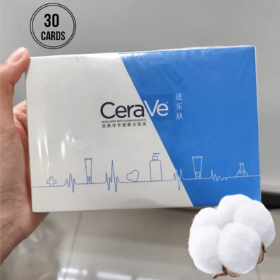  Khăn giấy cotton mềm CeraVe (30 tờ), 100% cotton nguyên chất, sử dụng được cả khô và ướt, dùng cho chăm sóc da hàng ngày và trang điểm, cực kỳ dịu nhẹ (không gây kích ứng) và không xơ vải, khả năng thấm hút nước tuyệt vời và chống rách, kết cấu siêu mềm mại, phù hợp cho da nhạy cảm/mỏng manh, lý tưởng để sử dụng hàng ngày, khi đi du lịch và làm quà tặng.
