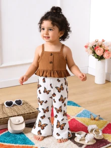 女婴纯色吊带背心上衣 + 蝴蝶印花喇叭裤套装