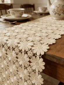 HXARTMIS 1PC, Exquisite Embroidered Small Daisy Coffee Table Runner, Made Of Machine-Made Polyester Fabric, Suitable For All Seasons, Heat Resistant And Easy To Clean, Hollow Lace Design Tablecloth. - Brown - View 5