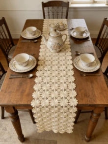 HXARTMIS 1PC, Exquisite Embroidered Small Daisy Coffee Table Runner, Made Of Machine-Made Polyester Fabric, Suitable For All Seasons, Heat Resistant And Easy To Clean, Hollow Lace Design Tablecloth. - Brown - View 4