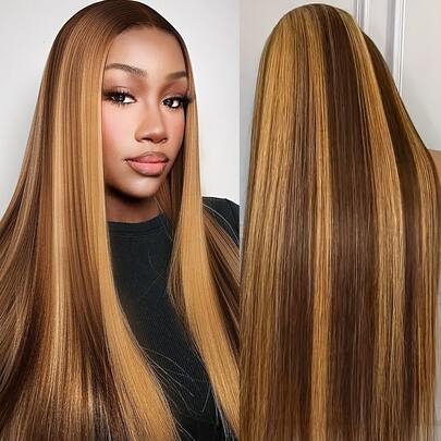 Honey Blonde Ombre Straight 13x4 HD Ear To Ear Lace Front Wig Highlight 180% Density Short Bob Straight Hair Heat Resistant Synthetic Mixed Brazilian Human Blended Hair Wig Pre Plucked Hairline With Baby Hair For Women Bleached Invisible Knots 4/27#