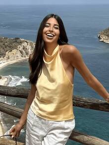 HZXVIC Women's New Solid Color Sexy Backless Halter Neck Blouse, Suitable For Dates, Parties Summer - Yellow - View 10