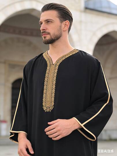 Áo choàng Eid thêu cho nam, áo len chui đầu màu trơn cho nam, áo choàng Gandoura Thawb truyền thống cho nam có túi.