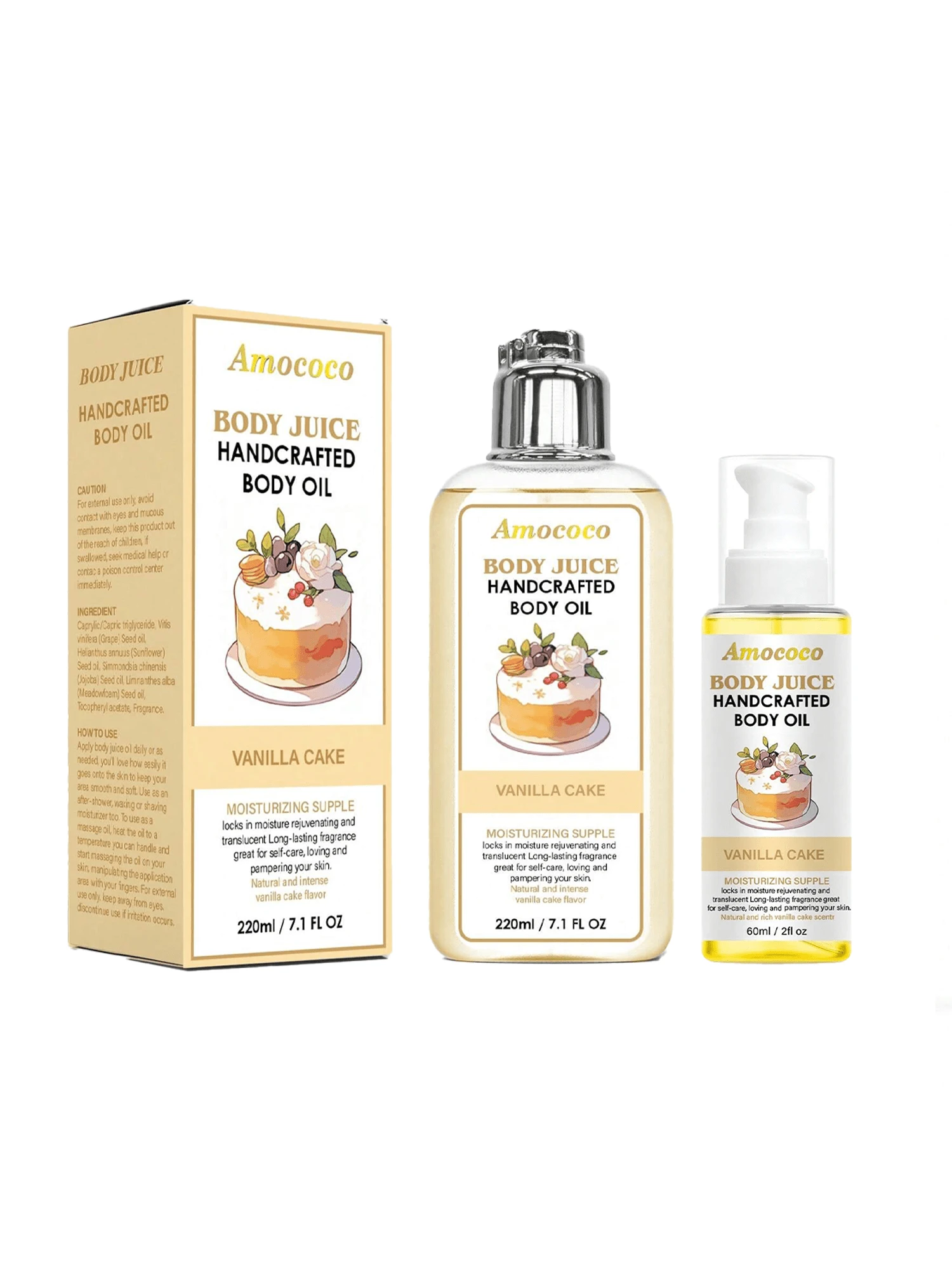 ✨220ml+60ml Vanilla Cake Scent Body Oil 2-Piece Duo Set | Home & Travel Size Aromatherapy Body Oil - Long Lasting Moisturizing, Fast Absorbing, Non-Greasy & Non-Sticky | Dry Skin Hydration, Daily Body Care With Long Lasting Fragrance | Gift Ready On-The-Go Skincare - 蛋糕味 - 查看 1