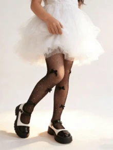 1双女童水钻蝴蝶结渔网袜，女童打底裤，儿童夏季薄款网眼袜，防蚊袜，舞蹈袜，甜美 - 黑色 - 查看 4