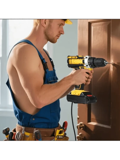 无绳手持电钻套装，包含锂电池和充电器、变速电钻、电动螺丝刀，以及各种钻头和螺丝刀配件，是家具维修和厨房工具维护的理想选择。