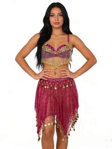 Desert Nights Fringe & Coin-Adorned Bra Top & Mesh Skirt, Exotic Sparkly Outfit For Moonlit Festivals, Arabian Themed Events And Magical Performances (Multiple Colors Available) - Multicolor - View 12