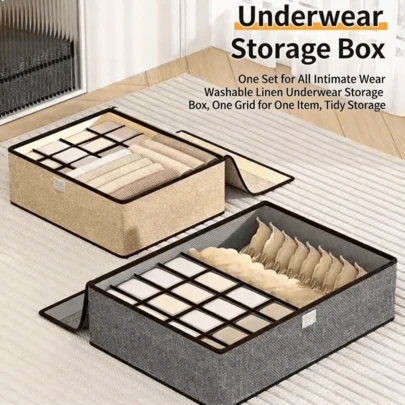 可折叠亚麻布收纳盒，大容量衣柜整理盒，可收纳衣物、内衣、袜子，节省卧室衣柜、家居和宿舍空间