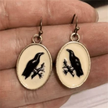 一对波西米亚风椭圆形DIY 3D乌鸦吊坠耳环，时尚个性化派对首饰，女士礼物 - 金黃色 - 查看 2