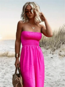 Imily Bela Womens Strapless Rompers 2026 Ruched Tube Top Wide Leg One Piece Jumpsuits Beach Vacation Summer Outfits - 玫紅色 - 查看 4