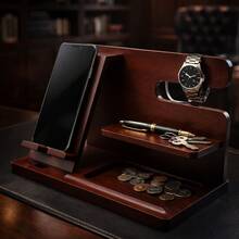 1pc Rustic Wooden Desktop Organizer With Phone Holder, Watch & Glasses Stand - Easy Assembly, Multifunctional Storage Rack For Home Office Accessories, Modern Farmhouse Style Workspace Organizer, Natural Wood Grain Finish, Office Desk Accessory