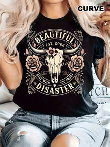 Women's Casual Short Sleeve Round Neck Knitted Fabric T-Shirt With 'Beautiful Disaster' Graphic Print - màu đen - Xem 1