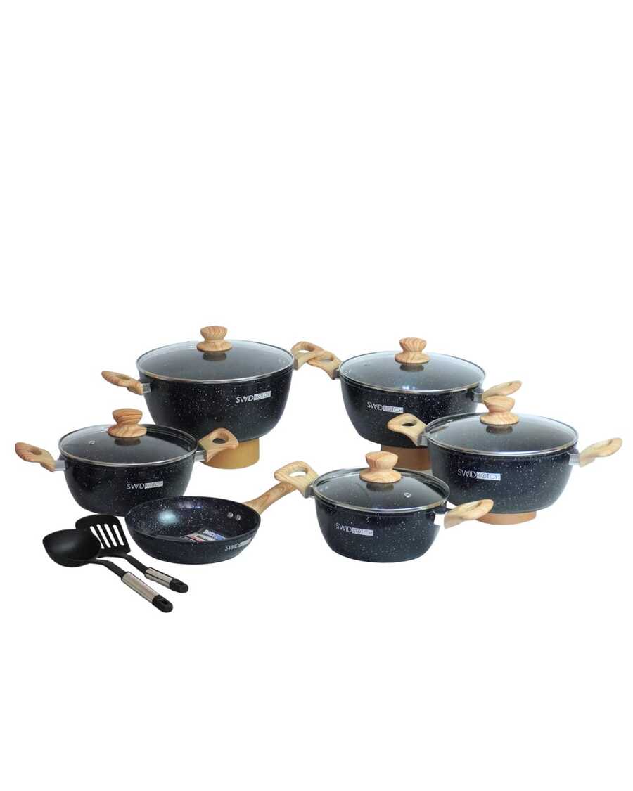 samary cuisine Batería de Cocina de Cerámica  Roca Volcánica - SWIDKOTCH 11 pz Batería de Cocina de Cerámica Antiadherente Premium | Cocina Saludable | Incluye Tapa de Cristal Irrompible Gratis | Agarraderas de Silicona | Apta para Estufas de Gas, Eléctrica e Inducción | Alta Calidad y Durabilidad - Negro - Ver 1