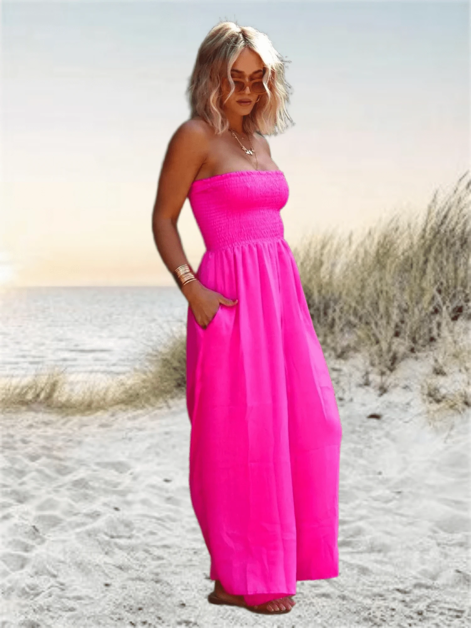 Imily Bela Womens Strapless Rompers 2026 Ruched Tube Top Wide Leg One Piece Jumpsuits Beach Vacation Summer Outfits - 玫紅色 - 查看 1