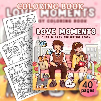 40 Pages 190g "LOVE MOMENTS" Sweet & Romantic Coloring Book - Cute & Easy Heartwarming Scenes Coloring Book, Light And Healing Stress Relief Coloring Book, Romantic Valentine's Day Gift