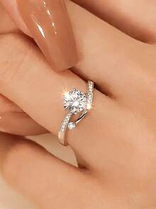 1pc S925 Sterling Silver Geometric Criss-Cross Design Ring With Shiny Zirconia Stone, Minimalist & Elegant For Women, Engagement/Wedding/Daily Wear - Silver - View 12