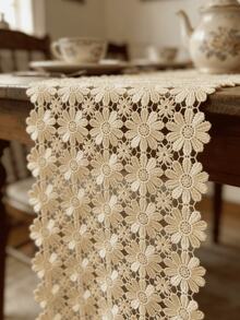 HXARTMIS 1PC, Exquisite Embroidered Small Daisy Coffee Table Runner, Made Of Machine-Made Polyester Fabric, Suitable For All Seasons, Heat Resistant And Easy To Clean, Hollow Lace Design Tablecloth. - Brown - View 6