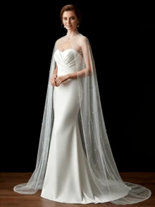 白色珍珠女士长款披肩斗篷，复古优雅，适合出席晚宴、舞会、正式活动、日常聚会等场合。 - 乳白色 - 查看 2