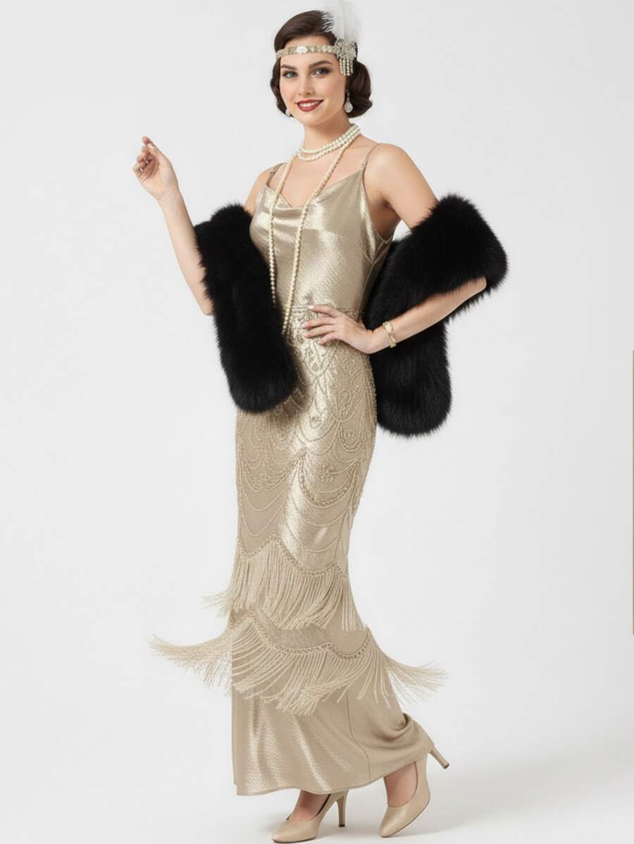 1920年代风格黑色人造毛皮围巾，优雅时尚配饰，女士奢华人造毛皮披肩，适合冬季婚礼、新娘、伴娘、晚宴、毕业舞会、节日庆典等场合。 - 黑色 - 查看 1