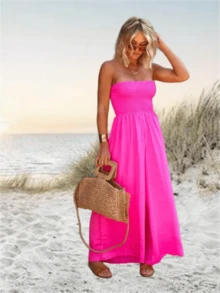 Imily Bela Womens Strapless Rompers 2026 Ruched Tube Top Wide Leg One Piece Jumpsuits Beach Vacation Summer Outfits - 玫紅色 - 查看 3