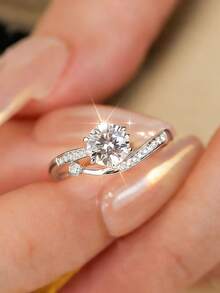 1pc S925 Sterling Silver Geometric Criss-Cross Design Ring With Shiny Zirconia Stone, Minimalist & Elegant For Women, Engagement/Wedding/Daily Wear - Silver - View 1