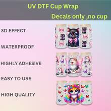 11张UV DTF转印卡通动物花卉图案贴纸,适用于Libbey玻璃杯DIY包装转印贴纸,玻璃杯贴花瓶贴,高品质,9.5英寸*4.3英寸,适用于6盎司玻璃罐 - 彩色 - 查看 10
