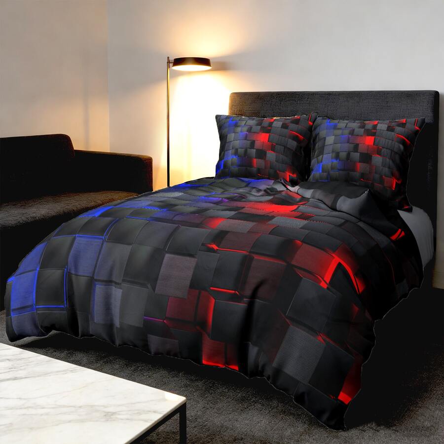 2/3pcs Futuristic Digital Grid Print Duvet Cover Set ( Not A Comforter, Not Filling )  For All Seasons, Available In Multiple Colors, In Four Sizes (Twin, Double, Queen, King) (1 Duvet Cover + 1/2 Pillowcase) Dorm Room Family Gift Room Decor - 紅藍 - 查看 1