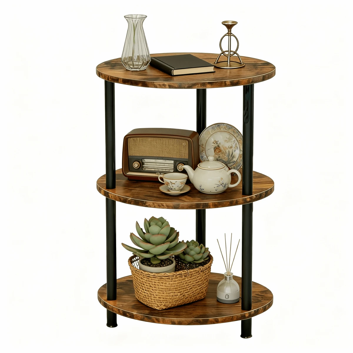 Mini mesa auxiliar redonda, mesa de madera de tres niveles, se puede utilizar como mesa de café, mesa auxiliar de sofá y mesita de noche, 33,5 x 33,5 cm - Granate - Ver 1