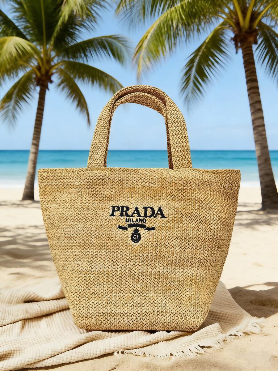 Prada 材质：天然草编手提包，带刺绣logo，轻便度假旅行手提包，化妆包