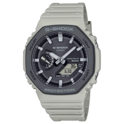  Casio G-Shock Men's Premium Analog-Digital Watch - Light Gray Resin Band With Dark Gray Bezel, Tough Solar Bluetooth Connected, 200M Water Resistant Shockproof Octagonal "CasiOak" Watch With Dual Display, World Time And Alarm, Ideal For Business, Outdoor Adventures And High-End Gifts