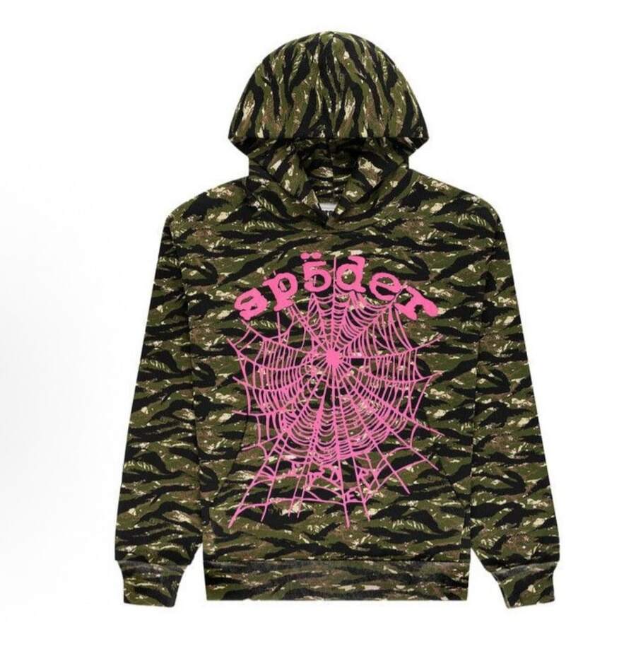 SP5DER Unisex Camo Print Hoodies, Long Sleeve Pullover Tops With Pocket, Spider Hoodie & SP5DER Print - 棕色 - 查看 1