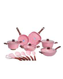 samary cuisine Batería de Cocina de Cerámica Manhattan - ALFA 17 pz  Antiadherente Premium | Cocina Saludable | Incluye Tapa de Cristal Irrompible Gratis | Agarraderas de Silicona | Apta para Estufas de Gas, Eléctrica e Inducción | Alta Calidad y Durabilidad - Rosa - Ver 2