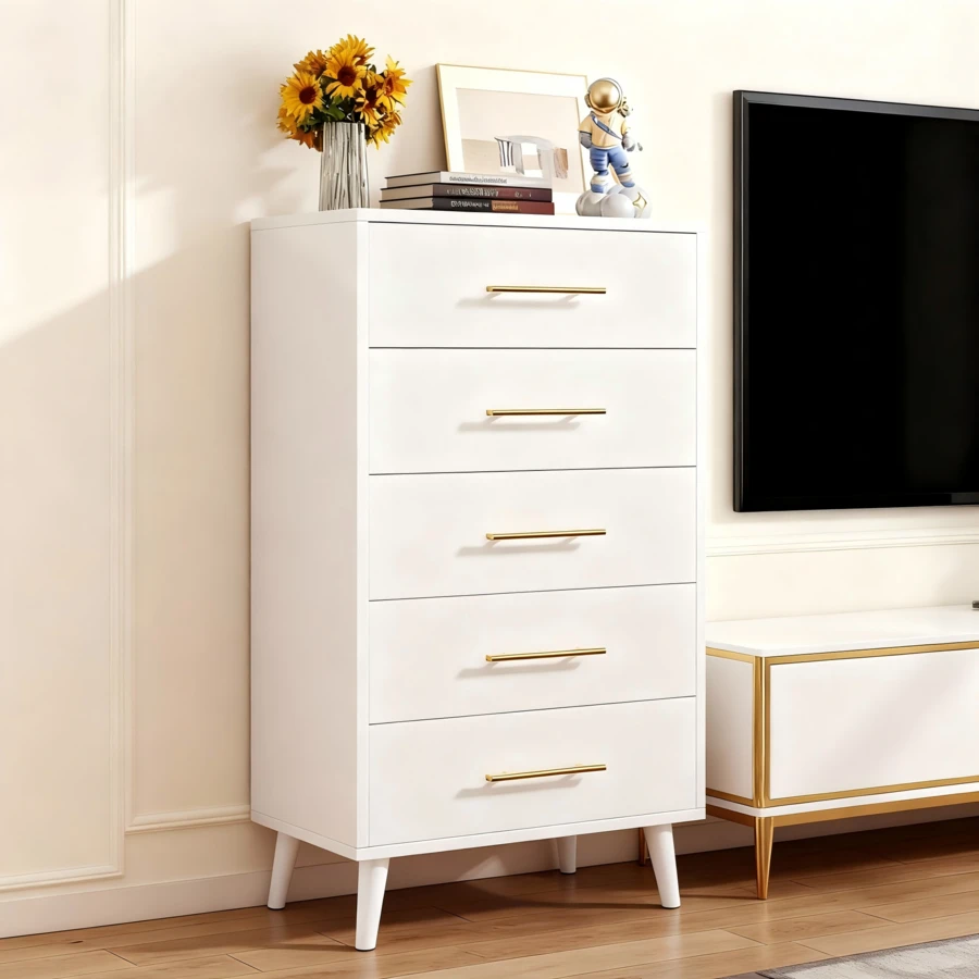 Cómoda De Moderno Con 5 Cajones Para Dormitorio - Armario De Almacenamiento - Blanco - Ver 1