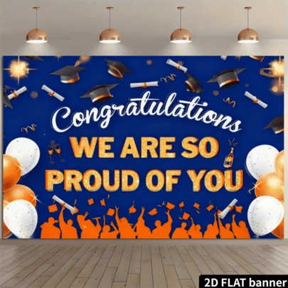 2D Sfondo piatto per festa di laurea, in blu e oro, con il testo "Congratulazioni LAUREATO", un berretto da laurea, un certificato di laurea, palloncini, stelle, paillettes, decorazioni per feste, sfondo fotografico, in fibra di poliestere, senza alimentazione elettrica richiesta