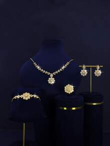 5pcs 18K Gold Plated Luxury Royal Style Multilayer Sunflower Design Bridal Wedding Jewelry Set, Handset White Cubic Zirconia, Including Necklace, Bracelet, Earrings, Ring, Suitable For Daily Wear And Wedding Ceremony, Wedding Anniversary Gift - Sunflower Bridal Set - View 8