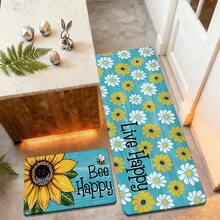 1/2/3pcs Easter Kitchen Rug Kitchen Mat Door Mat Featuring Vibrant Sunflower And Bee Happy Design On Turquoise Background Perfect For Spring Home Decor In Kitchen Bathroom Garden Or Party Celebrations As A Festive Gift With Cheerful Atmosphere Home Decoration Easter Mood Decoration - Multicolor - View 5