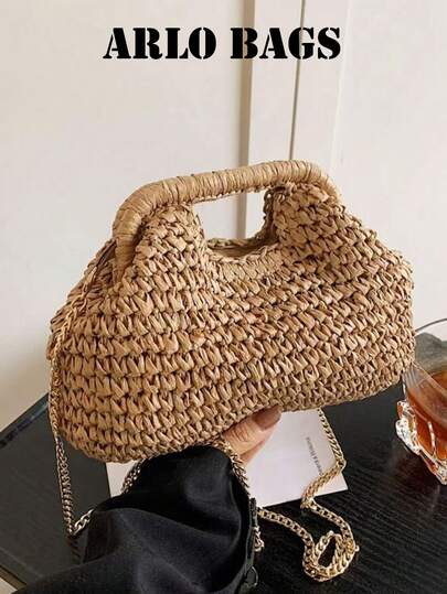 Fashion Design Straw Bag For Women, Popular Fashion Niche Woven Forest Style Literary Style Chain, Shoulder Bag, Casual All-Match Crossbody Bag For Women, Suitable For Going Out, Dating, Shopping, Gift Giving, Commuting